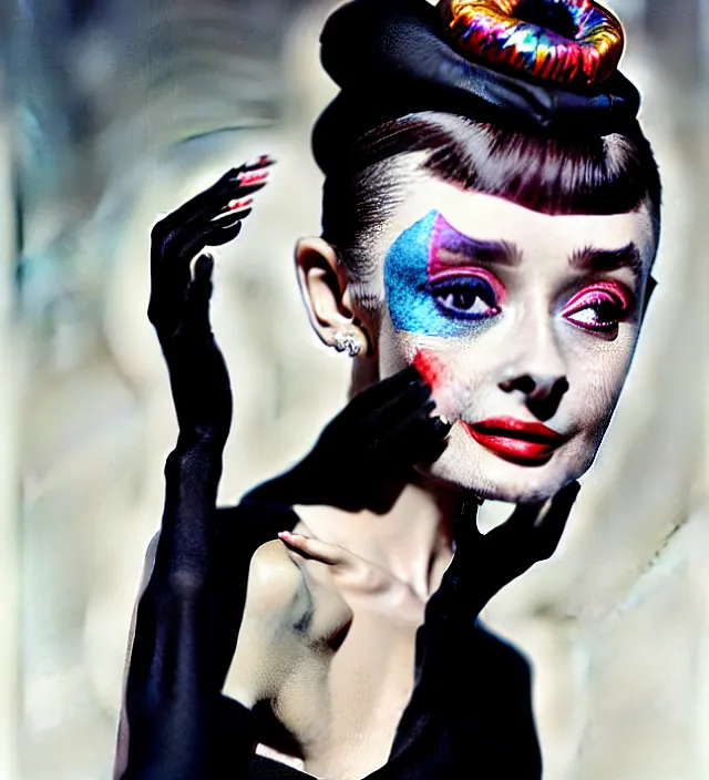 Prompt: photography facial portrait in a gaz station at night of seductive actress audrey hepburn with a dressed from * iris van herpen *, with stylish colorfull makeup. intriguing soft back lighting, geisha tattoo, highly detailed, skin grain detail, photography by paolo roversi, nick knight, helmut newton, avedon, araki