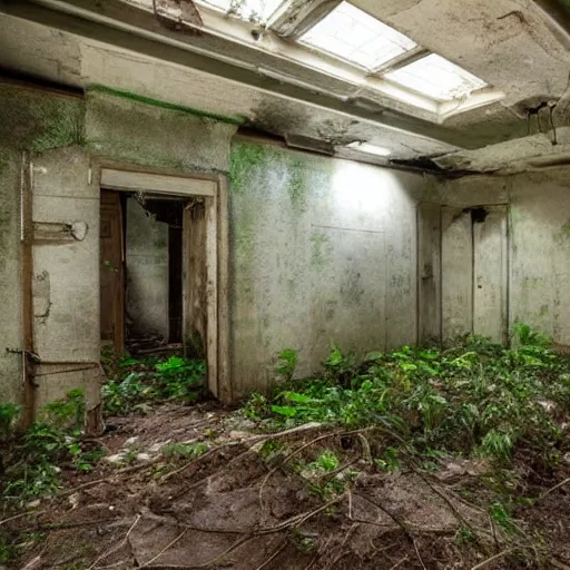 Image similar to abandoned, overgrown, underground bunker. jungle room.