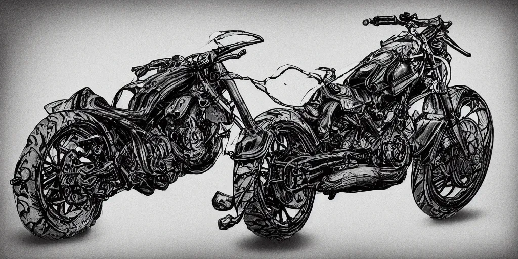 Image similar to dragon motorcycle, black and white, trending on artstation