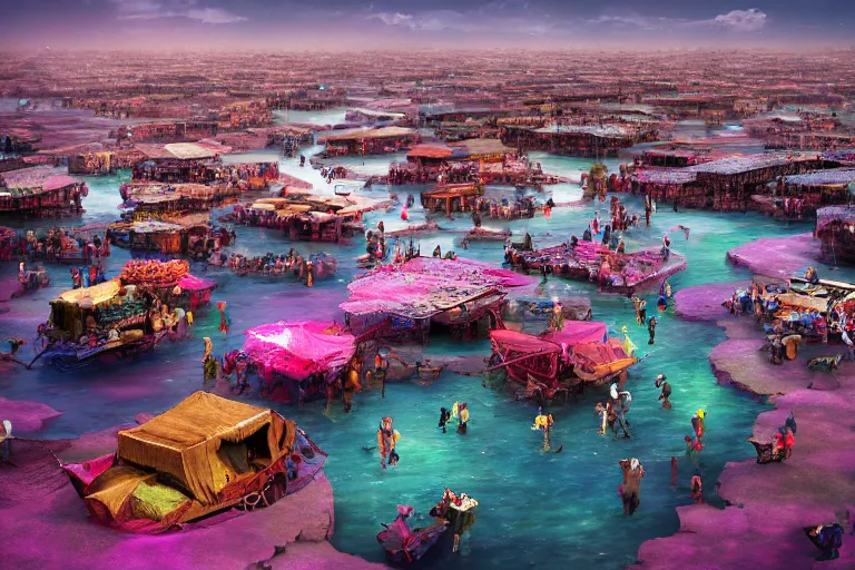 Image similar to floating markets of times square on new york on danakil depression with acid pools in grand mount roraima during sakura season on an interstellar aurora borealis, pink waterfalls, vendors, festivals, fun, by peter mohrbacher, james jean, james gilleard, greg rutkowski, vincent di fate, rule of thirds, octane render, beautiful landscape