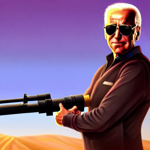 Prompt: Joe Biden holding a rocket launcher in the desert, digital painting, wearing sunglasses, epic, realistic, trending on artstation, highly detailed