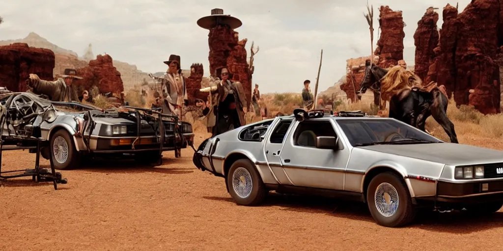 Image similar to a western movie once upon a time in the west with a delorean
