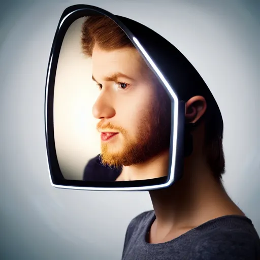 Prompt: studio photo of person with head in TV, photorealistic, 50mm