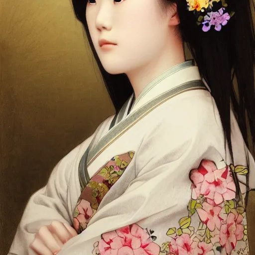 Prompt: side portrait of a young japanese woman wearing a kimono, flower crown, long hair, headshot, hyper realistic, pale skin, 4k, rule of thirds, extreme detail, detailed drawing, trending artstation, hd, fantasy, D&D, realistic lighting, by Alphonse Mucha, Greg Rutkowski, sharp focus, backlit, elegant