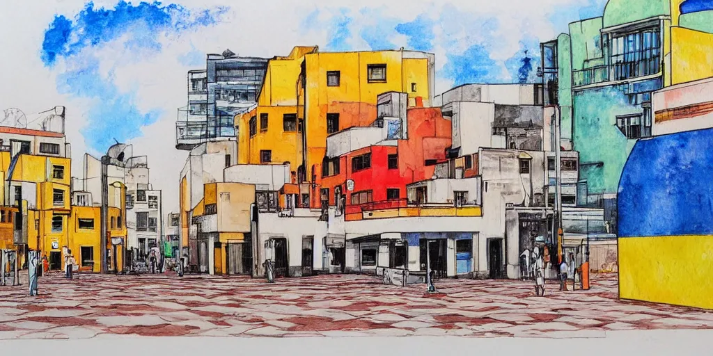 Image similar to street artists. painting of rounded bauhaus buildings in a junction in tel aviv. highly detailed. pen drawing painted with watercolors. colorful