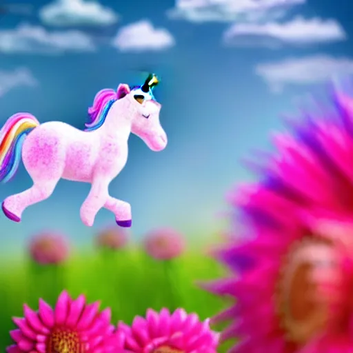 Image similar to very cute and tiny unicorn cat on Dahlia flower flying, pink cloudy in blue sky background, pixar style, cinematic lightning, award winning creature photography