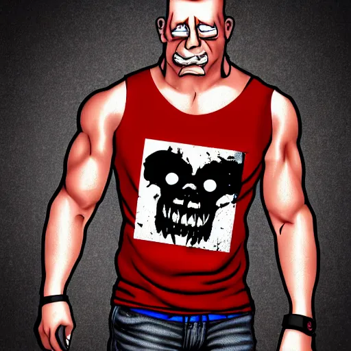 Image similar to Duke Nukem, red tank-top, Duke Nukem 90s cover art style