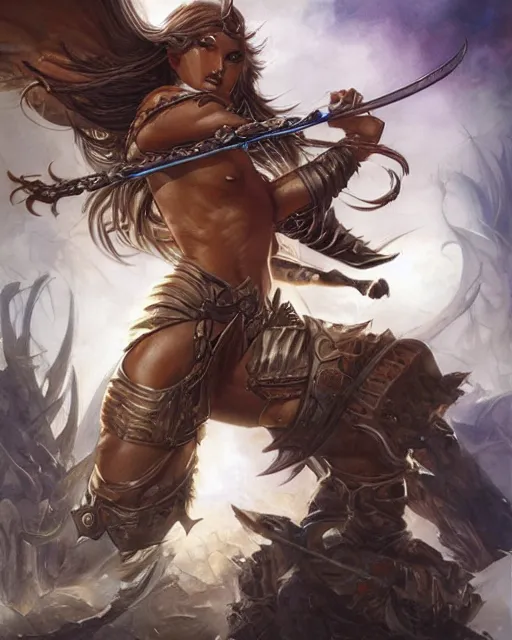 Image similar to a fantasy fox warrior, art by artgerm, boris vallejo, karol bak, mark brooks, donato giancola, bayard wu, 4 k, hires, focus