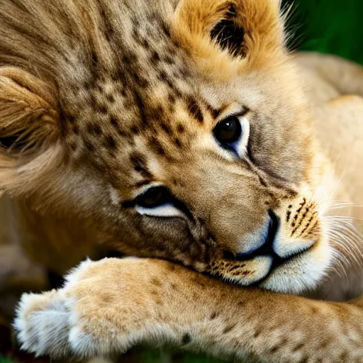 Prompt: Photorealistic photograph of a lion cub by Suzi Eszterhas, photorealism, photorealistic, realism, real, highly detailed, ultra detailed, detailed, 70–200mm f/2.8L Canon EF IS lens, Canon EOS-1D Mark II, Wildlife Photographer of the Year, Pulitzer Prize for Photography, 8k, expo-sure 1/800 sec at f/8, ISO 400