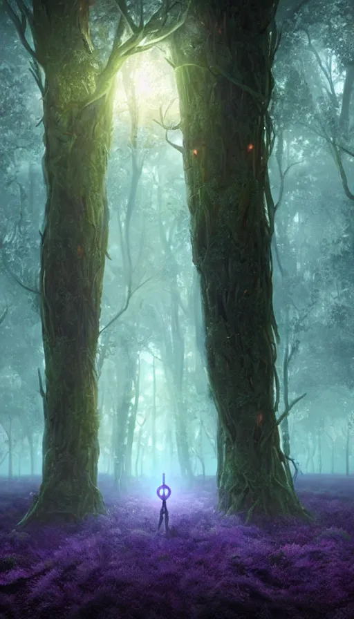 Prompt: hyper realistic 3 d render of a future sci - fi ancient god on the middle of a forest with a lot of purple trees holding a portal that's about to explode, fog, volumetric lighting, sunny day, by greg rutkowski and diego velazquez