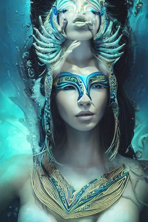 Image similar to a centered full body render of an alluring goddess wearing a tribal mask surrounded by a underwater ink pour and flowing liquid galiumand sacread geometry, perfect face, powerful, cinematic, beautifully lit, by artgerm, by karol bak, by viktoria gavrilenko, 3 d, trending on artstation, octane render, 8 k