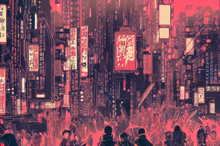 Image similar to futuristic japanese cyberpunk bladerunner silk screen by utagawa yoshiiku, ohara koson, pixiv contest winner, cyberpunk style, cyberpunk color scheme, mechanical, robotic, human machine interface, high resolution, hd, bold clear lines