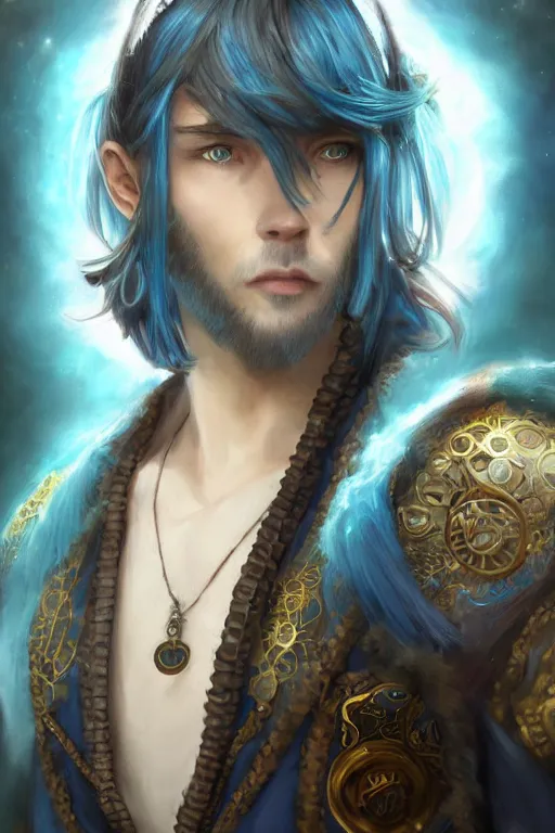 Image similar to beautiful portrait of a handsome young male wizard wearing a fancy blue tunic, l medallion!! around neck, art by wlop and artgerm, steampunk fiction, detailed deep blue eyes, ( long dark brown hair in ponytail!!!! ), space background, artstation, sharp focus, illustration, caustics, octane render, 4 k, radiant light