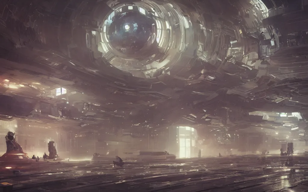 Image similar to large teleporter in space inside a bustling space market, concept art, digital art, illustration, sharp focus, octane render, by julian calle, trending on artstation