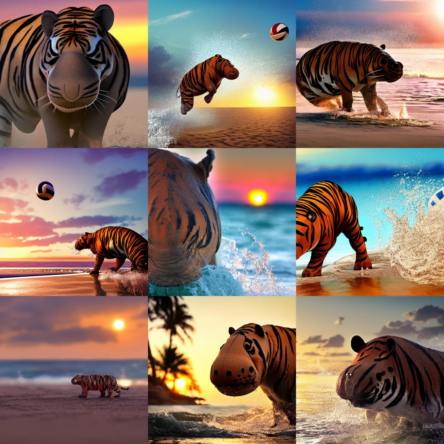 Image similar to a closeup photorealistic photograph of a cute stylish tiger hippo playing volleyball at the beach during sunset. Surf in the background. This 4K HD image is Trending on Artstation, featured on Behance, well-rendered, extra crisp, features intricate detail and the style of Unreal Engine.