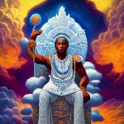 Prompt: obatala the cosmic god sitting on a throne of nebula clouds, by dan mumford, matte painting, orisha, 8k, hd