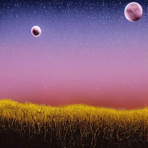 Image similar to field of tall beautiful luminescent pink and blue mycena fungi, emitting spore clouds, midnight, huge golden moon with small craters visible in night sky, hyperrealistic, detailed, soft lighting, fireflies