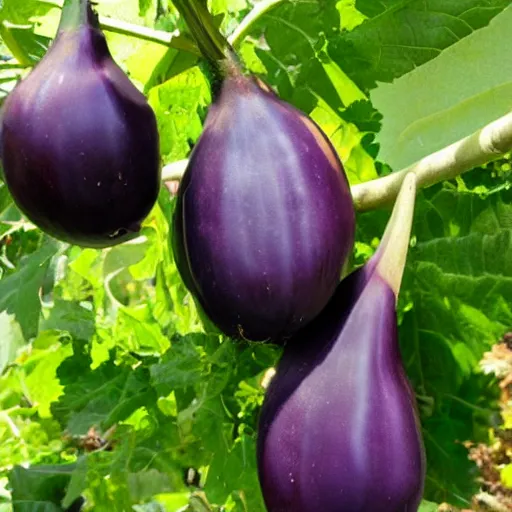 Prompt: an eggplant fruit still on the vine