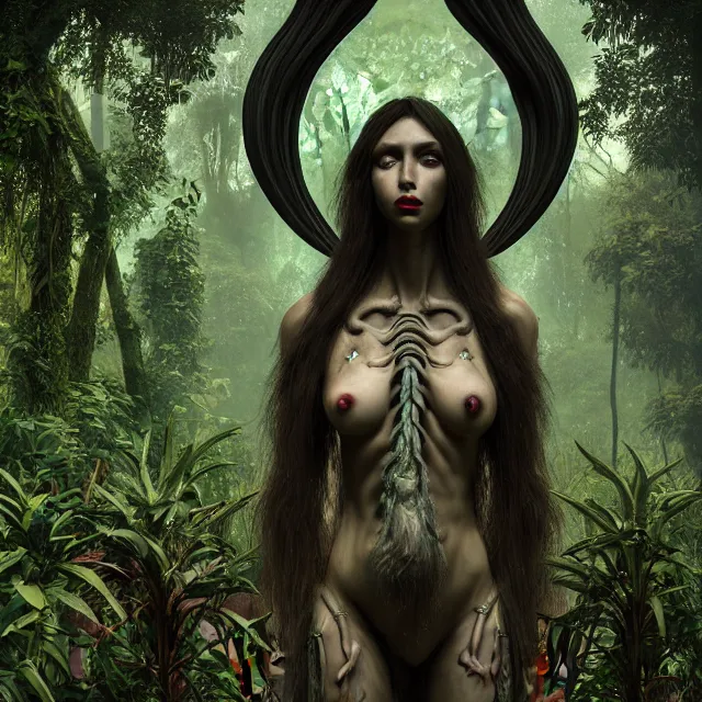 Image similar to a beautiful portrait of baphomet, 8 k, zbrush, octane, 8 k, incredibly detailed, androgynous, hr giger, peter gric, pablo amaringo, alphonse mucha, cybernetic organism, nvidia, unreal engine, overgrown jungle ruins