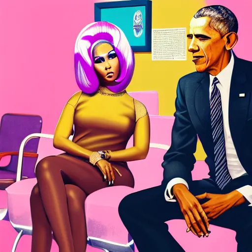 Prompt: 1 9 6 0 s illustration portrait of nicki minaj sitting next to barack obama in a barbershop. cinematic scene. ambient lighting, pastel earth colors, hyper detailed. octane render. concept art. trending on artstation.