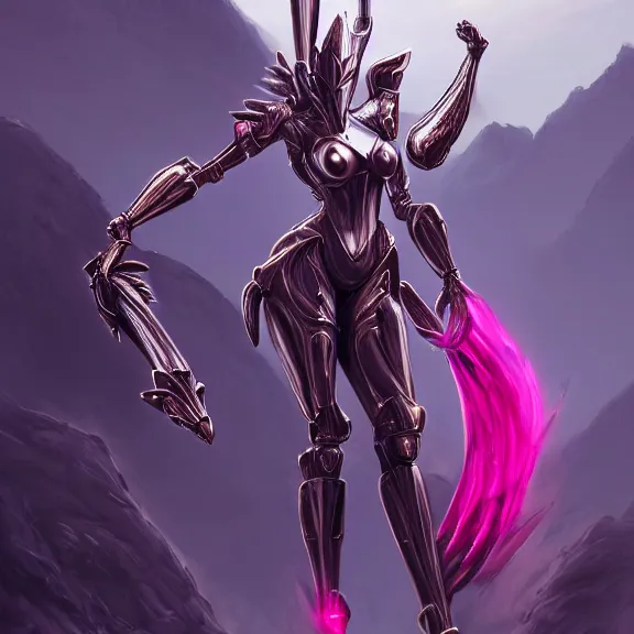 Prompt: extremely detailed giantess shot of a goddess that's a giant beautiful stunning anthropomorphic robot female dragon, standing majestically over mountains, elegant pose, streamlined shiny silver metal armor, fuchsia skin below the armor, sharp metal claws, long elegant tail, detailed warframe fanart, high quality digital art, giantess art, furry art, warframe art, moa legs, Vex Valkyrie legs, furaffinity, DeviantArt, 8k HD, octane render