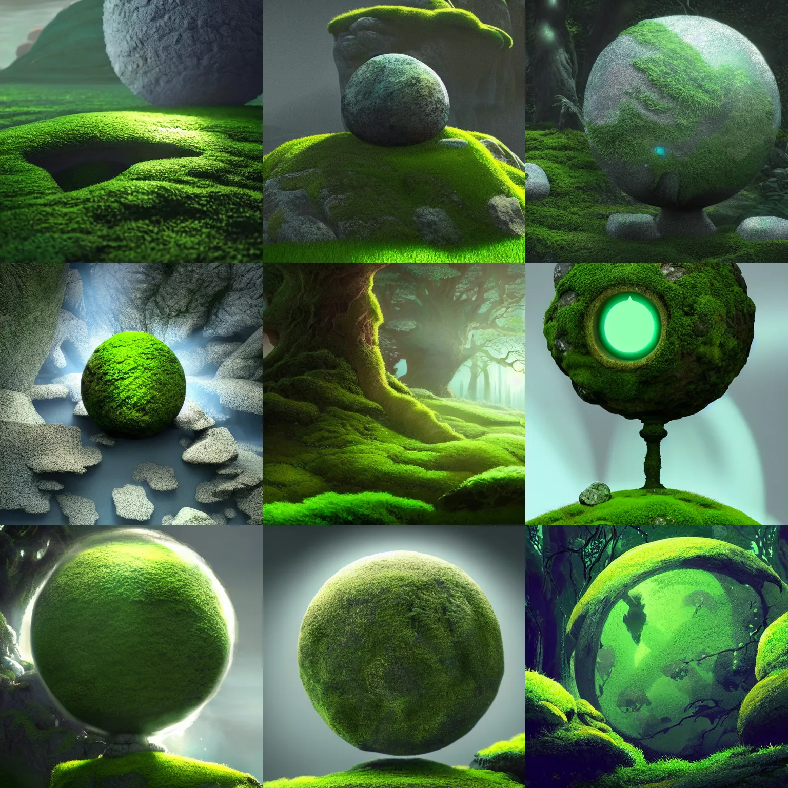 Prompt: closeup illuminated protection stone sphere covered with moss, in gentle green dawn light, eyvind earle, studio ghibli painting, cinematic lighting, volumetric lighting, smooth, sharp focus, highly detailed, render in unreal engine 5, artstation, deviantart, behance, trending, epic composition, octane, light rays, award - winning