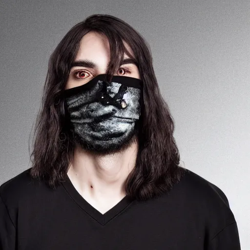 Image similar to professional digital art of a young adult man with slightly long hair wearing a black face mask and an oversized dark sweatshirt and dark sweatpants, high quality, HD, 8K, highly detailed, award-winning, sci-fi, fantasy, movie