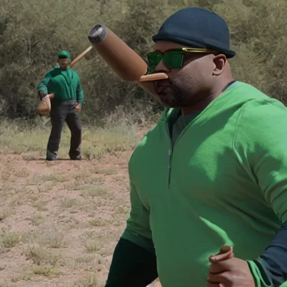 Image similar to Still of Big Smoke with green clothing wielding a baseball bat in Better Call Saul