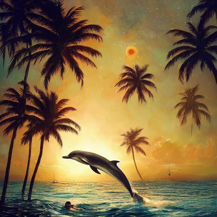 Image similar to dolphin swimming, golden hour, god rays, by artgerm and ismail inceoglu and greg olsen, palm trees, cosmos, milky way galaxy, masterpiece, beautiful, intricate, elegant, highly detailed