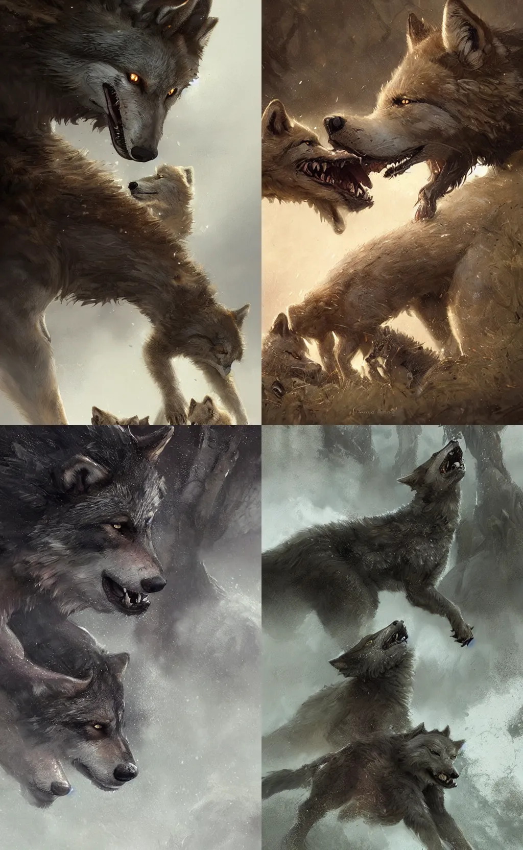 Prompt: a wolf viciously protecting its cubs, concept art, detailed face, fantasy, highly detailed, cinematic lighting, digital art painting by greg rutkowski