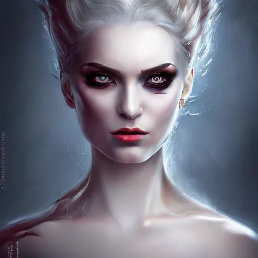 Image similar to painting of a gorgeous self conscious, disparaging female villain in the style of lise deharme, hyperrealistic eyes with natural makeup, very elaborate abundant hairstyle, low contrast, silk skin, low angle