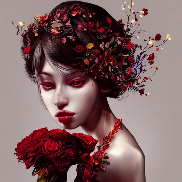 Image similar to studio portrait of an absurdly beautiful, elegant, young hypercolorful sensual gravure idol rubies and red petals, ultrafine hyperrealistic detailed face illustration by kim jung gi, irakli nadar, intricate linework, sharp focus, bright colors, matte, octopath traveler, final fantasy, unreal engine highly rendered, global illumination, radiant light, intricate environment