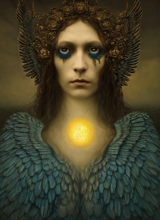 Image similar to Her huge ominous glowing blue eyes staring into my soul , perfect eyes, agostino arrivabene, WLOP, Tomasz strzalkowski, 8k portrait render, raven angel wings, beautiful lighting, dark fantasy art, rococo, gold filigree, cgsociety