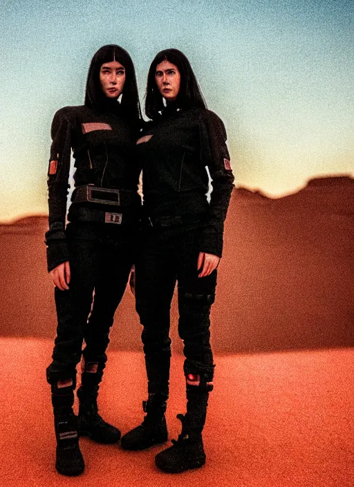 Image similar to cinestill 5 0 d photographic portrait of two loving female androids wearing rugged black techwear on a desolate plain with a brutalist monument and a red sky, extreme closeup, cyberpunk style, dust storm, 8 k, hd, high resolution, 3 5 mm, f / 3 2, ultra realistic faces, ex machina