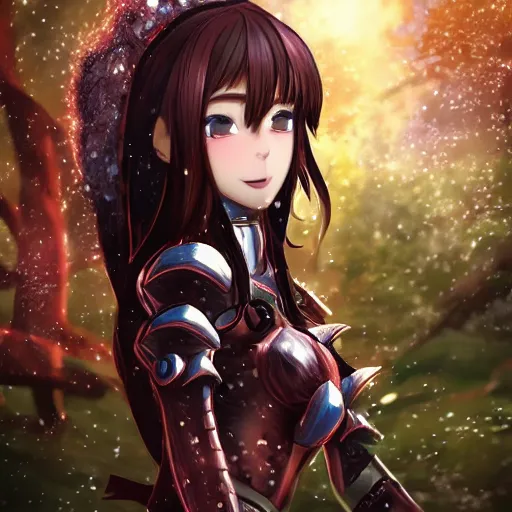 Prompt: portrait focus of knight beautiful 3D anime girl, meat armor wearing, dark forest background, snowing, bokeh, inspired by Masami Kurumada, digital painting, high contrast, unreal engine render, volumetric lighting, high détail