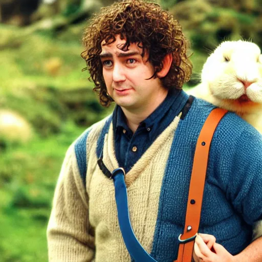 Image similar to frowning clean shaven pudgy British lad with short curly dark brown hair as a hobbit wearing a white men's crossbody sling chest bag and blue vest standing next to a giant rabbit, blue vest! white crossbody chestbag!! high resolution film still, movie by Peter Jackson