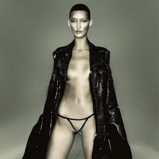 Image similar to bella hadid as maison margiela model on rammstein show. alexander mcqueen best fashion performance. exposure. mysterious. tape photo. processing. lost photo. deep dream effect. award wining photography.. perfect composition. photography masterpiece. ominous valley effect. vfx.