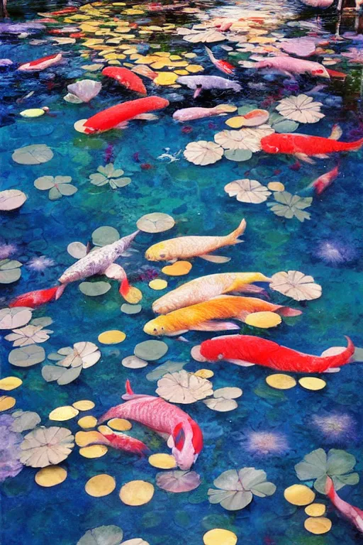 Image similar to nenufar in a pond surrounded by koi carp, colorful, blue backgroung,clean, joyful, intricate, elegant, volumetric lighting, scenery, digital painting, highly detailed, artstation, sharp focus, illustration, concept art, ruan jia, steve mccurry