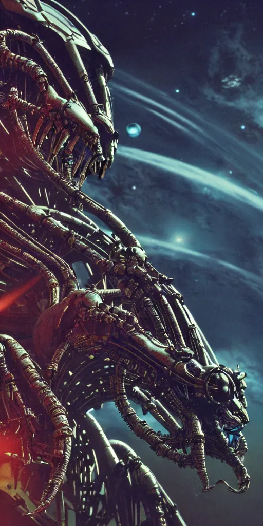 Image similar to space station, masterpiece, guyver, giger, biomechanical details, denis villeneuve, legendary dragon, cinestill, bokeh, artstation