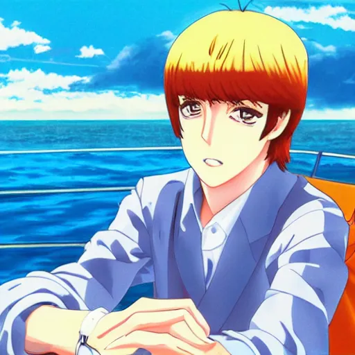 Image similar to anime illustration of young Paul McCartney from the Beatles, wearing a blue and white check shirt and watch, relaxing on a yacht at sea, ufotable