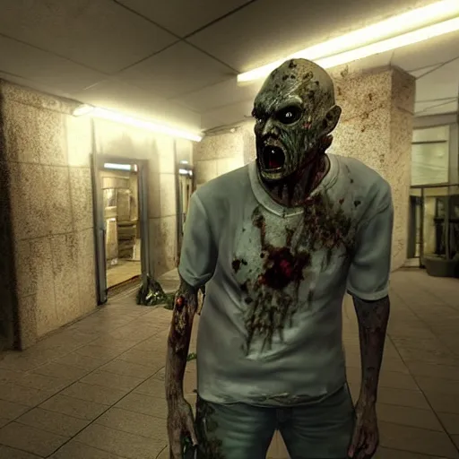 Image similar to highly detailed portrait of a boomer zombie from left 4 dead, style of stephen bliss, in a shopping mall with waterfountain, unreal engine, global illumination, detailed and intricate environment