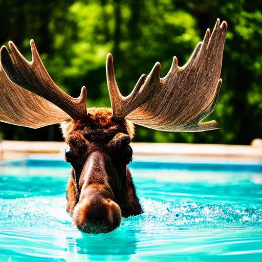 Image similar to photo of a moose at a swimming pool, people, 50mm, beautiful photo