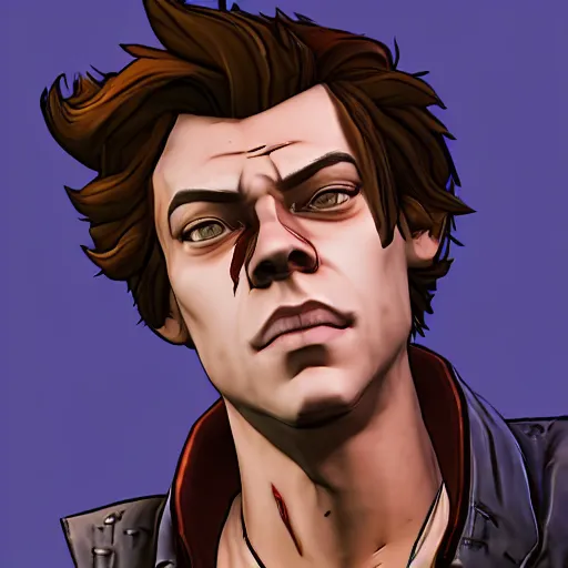 Prompt: harry styles portrait, borderlands, tales from the borderlands, the wolf among us, comic, cinematic lighting, studio quality, 8 k