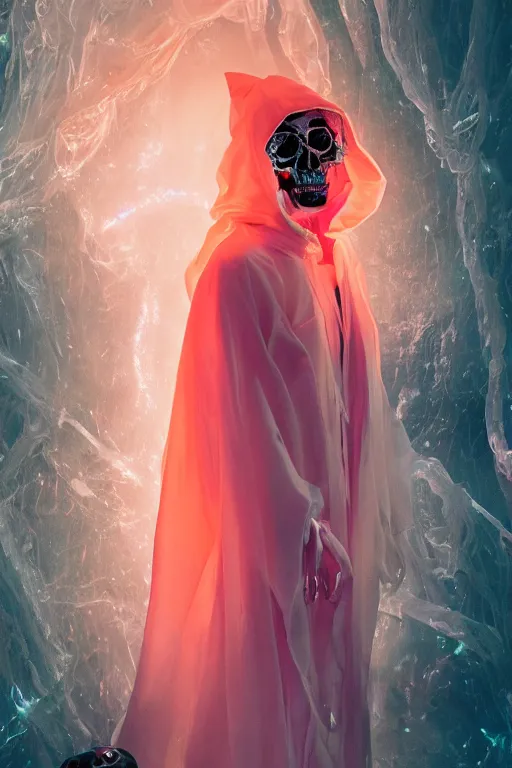 Image similar to photo of fullbody rococo and cyberpunk delicate neon crystalline sculpture of seductive muscular onyx albino marble prince liam payne orange iridescent humanoid deity wearing pink plastic hooded cloak holding an onyx skull in a onyx space dungeon, reclining, glowing yellow face, crown of white diamonds, cinematic lighting, photorealistic, octane render 8 k depth of field 3 d