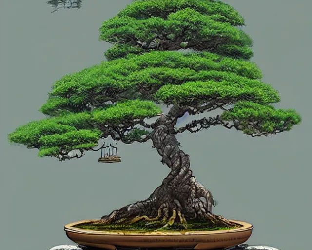 Image similar to A digital fantasy painting of a bonsai tree made entirely of books, by greg rutkowski, trending on artstation