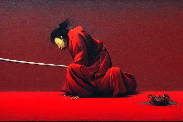 Image similar to only with red, a red samurai do seppuku, tokio, a lot of frogs watch, in the style of beksinski, parts by edward hopper, parts by rodcenko, parts by yue minjun, intricate and epic composition, red by caravaggio, insanely quality, highly detailed, masterpiece, red light, artstation, 4 k