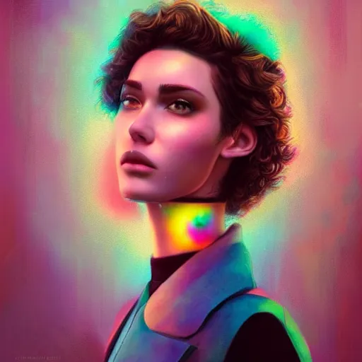 Prompt: Lofi vaporwave cyberpunk portrait beautiful woman with short brown curly hair, roman face, rainbow, Pixar style, Tristan Eaton, Stanley Artgerm, Tom Bagshaw