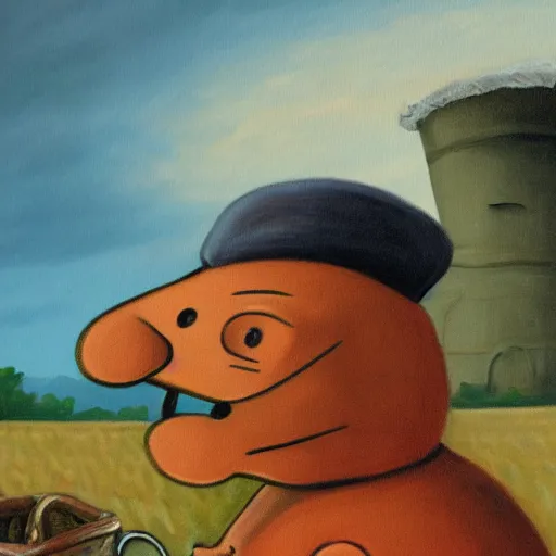 Prompt: surrealist painting of garfield as a farmer, high detail