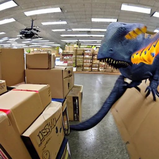 Prompt: Fisheye view of dinosaur stealing packages