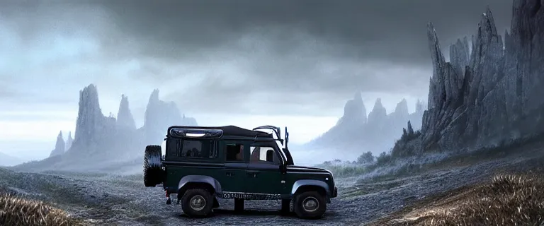 Image similar to Land Rover Defender 110 (1985), an epic fantasy, dramatic lighting, cinematic, establishing shot, extremely high detail, photorealistic, cinematic lighting, artstation, by simon stalenhag, The Elder Scrolls V: Skyrim, Whiterun Hold, Battle for Whiterun, Stormcloaks vs Imperials, Skyrim Civil War